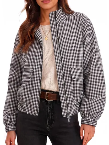 CLEARANCE SALE🔥 Plaid Zip-Up Stand Collar Jacket-halonarra