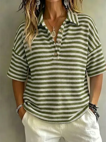 New Arrival 🔥Women'S Fashion Striped Waffle Short-Sleeved Polo Shirt