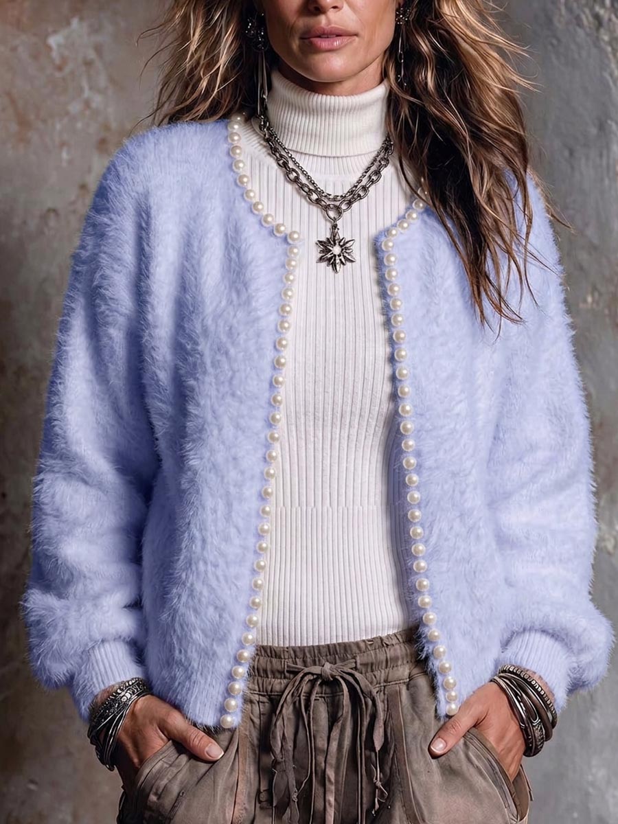 New Arrival🔥 Women's Solid Color Round Neck Long Sleeve Beaded Casual Loose Knit Cardigan-halonarra