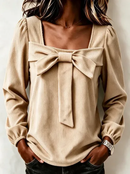 CLEARANCE SALE🔥 Chic Corduroy Top With A Square Neckline And Bow Detail-simplysoftwear