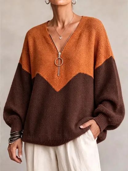 NEW ARRIVAL🔥  Women's Chevron Color Block Quarter-Zip Sweater Loose O-Ring Zipper Pullover Knit Top-simplysoftwear