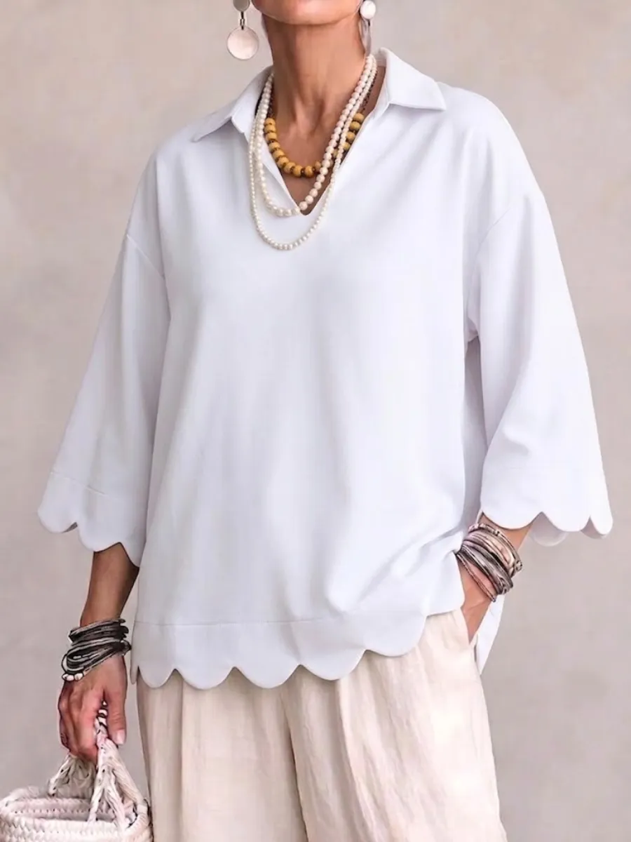 New Arrival🔥 Scallop‑trim Lapel Collar 3/4 Sleeve Relaxed Top-halonarra