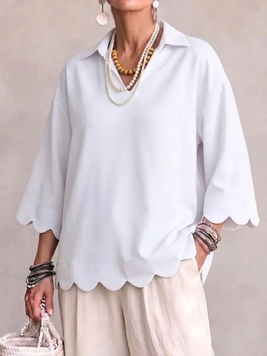 New Arrival🔥 Scallop‑trim Lapel Collar 3/4 Sleeve Relaxed Top-halonarra