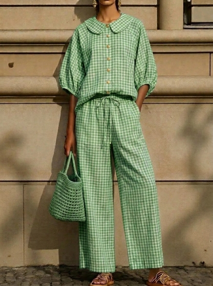 Today 49% off🔥Women’s Cotton Linen Gingham Peter Pan Collar Two-Piece Set