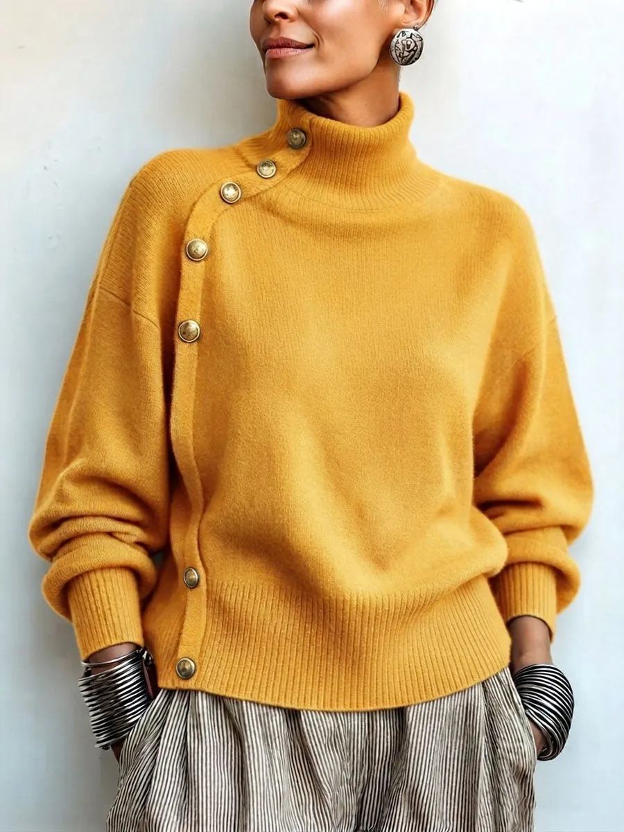 CLEARANCE SALE🔥 Chic Elegant Asymmetrical Button Turtleneck Sweater-halonarra