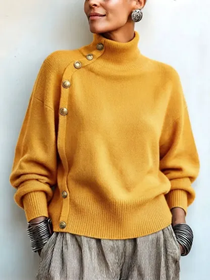 CLEARANCE SALE🔥 Chic Elegant Asymmetrical Button Turtleneck Sweater-halonarra