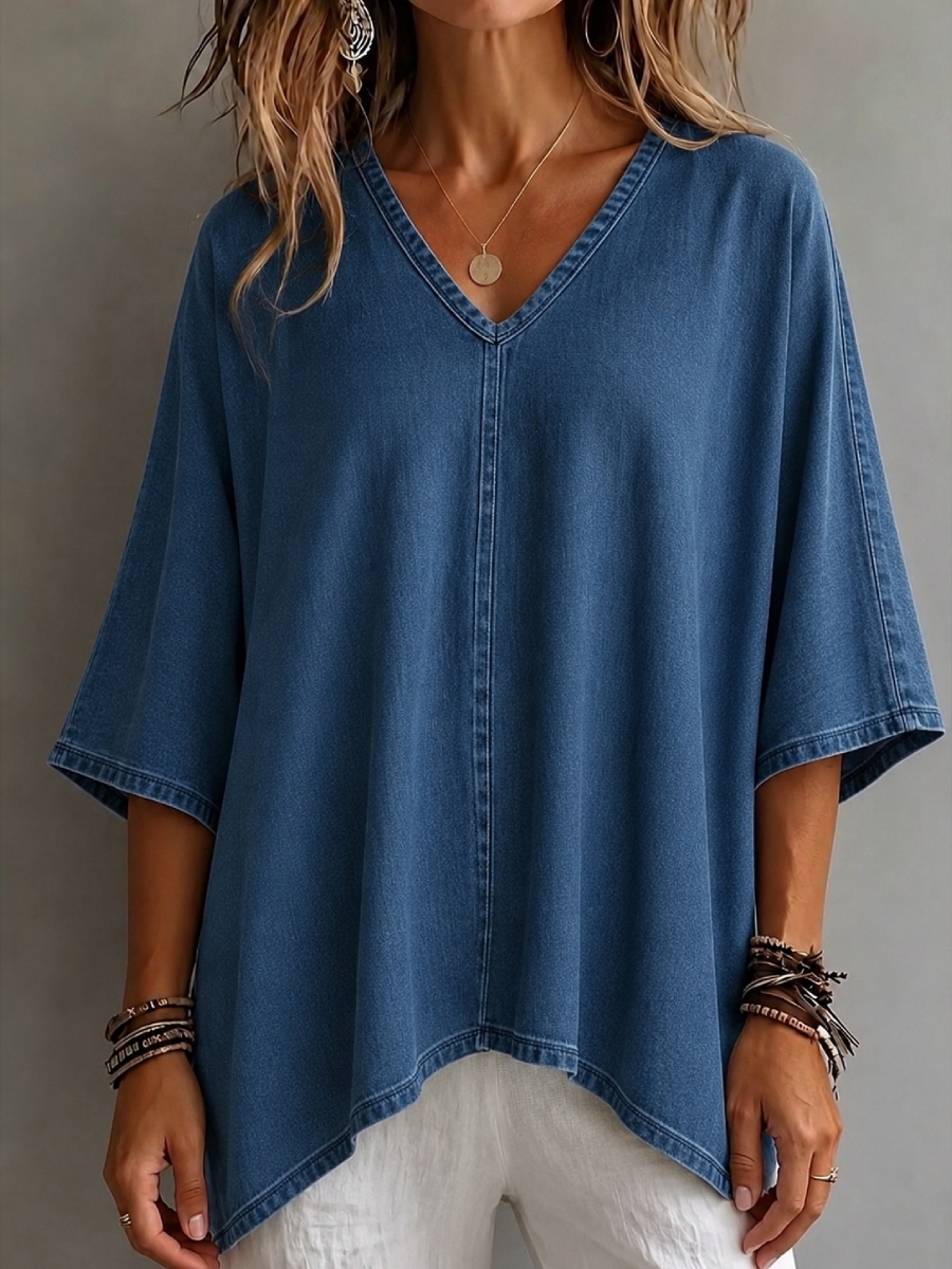 New Arrival🔥 Women's Cozy V-neck Loose-fitting Denim Shirt Top