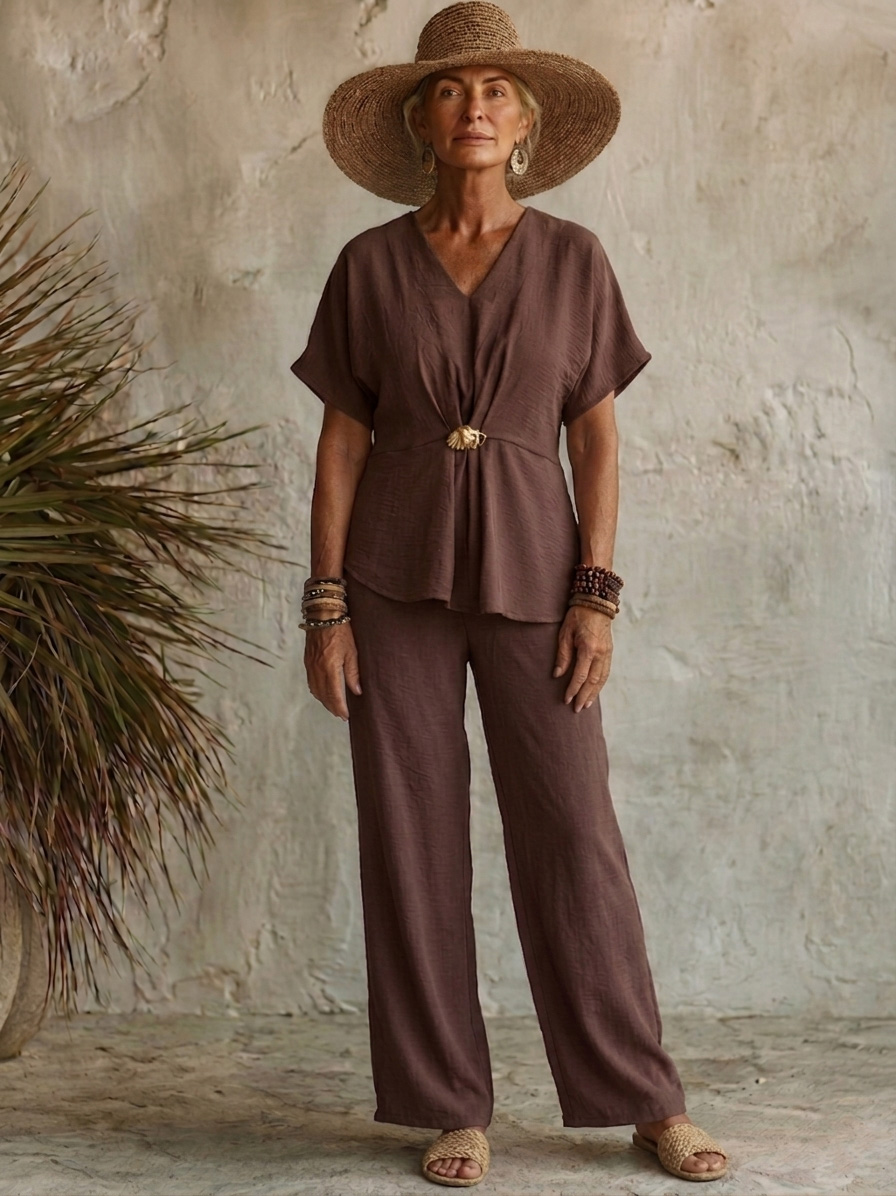Comfortable Chiffon V-Neck Top with Metal Buttons Two-piece Set