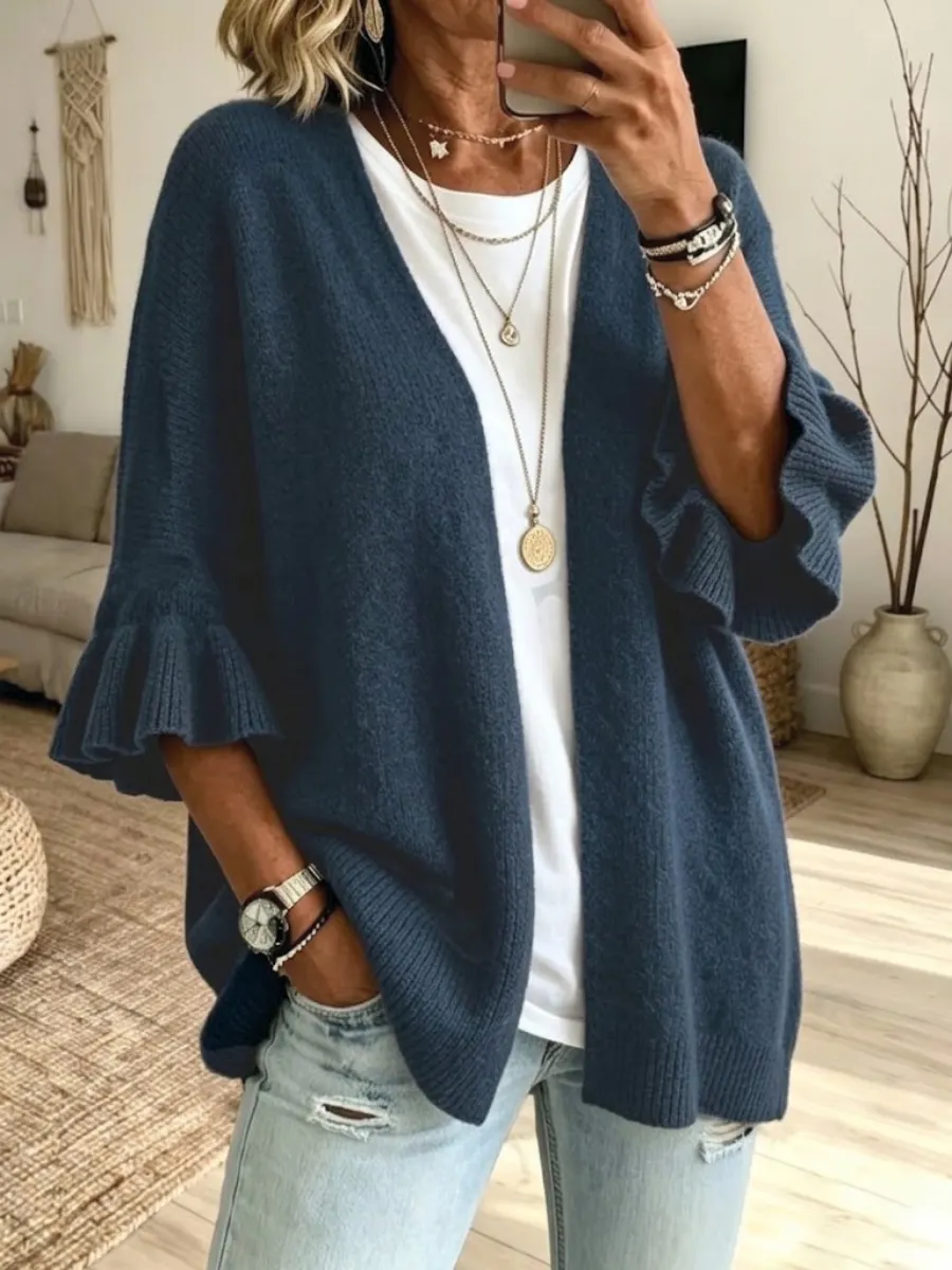 New Arrival🔥 Solid-color, Loose-fit, Casual Knit Cardigan With Three-quarter Sleeves-halonarra