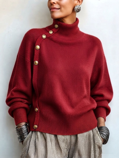 CLEARANCE SALE🔥 Chic Elegant Asymmetrical Button Turtleneck Sweater-halonarra