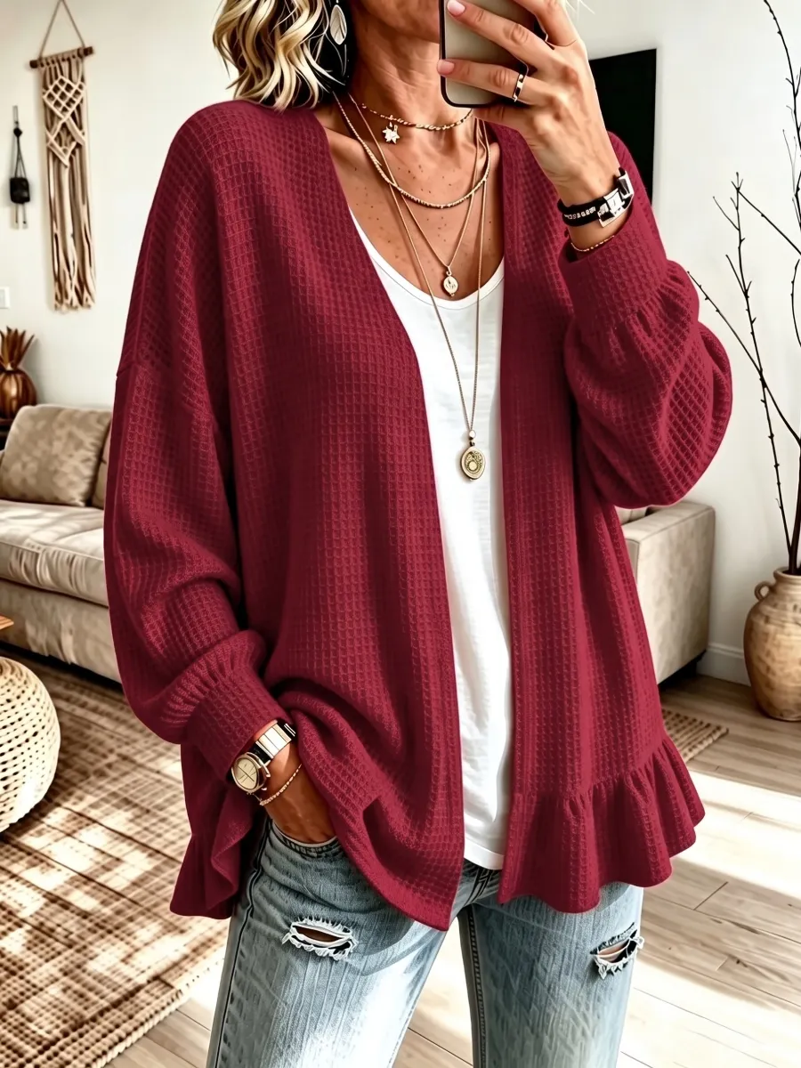 CLEARANCE SALE🔥 Women's Ruffle Hem Waffle Knit Open Front Cardigan-simplysoftwear