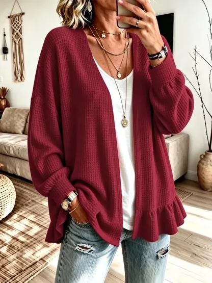 CLEARANCE SALE🔥 Women's Ruffle Hem Waffle Knit Open Front Cardigan-simplysoftwear