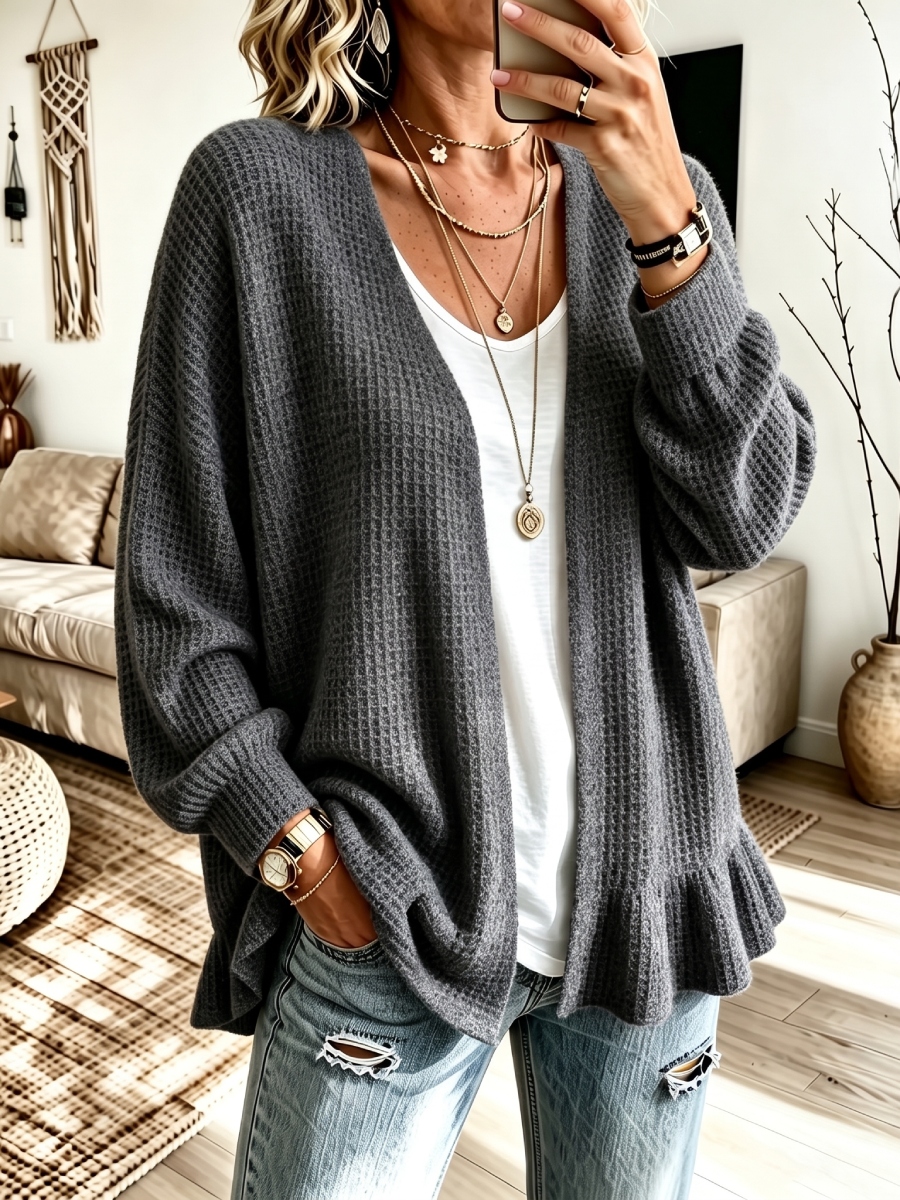 CLEARANCE SALE🔥 Women's Ruffle Hem Waffle Knit Open Front Cardigan-simplysoftwear