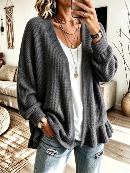 CLEARANCE SALE🔥 Women's Ruffle Hem Waffle Knit Open Front Cardigan-simplysoftwear