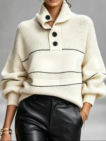 CLEARANCE SALE🔥 Cozy, Chic Knit Top With A Buttoned Stand Collar And Contrasting Stripes-simplysoftwear