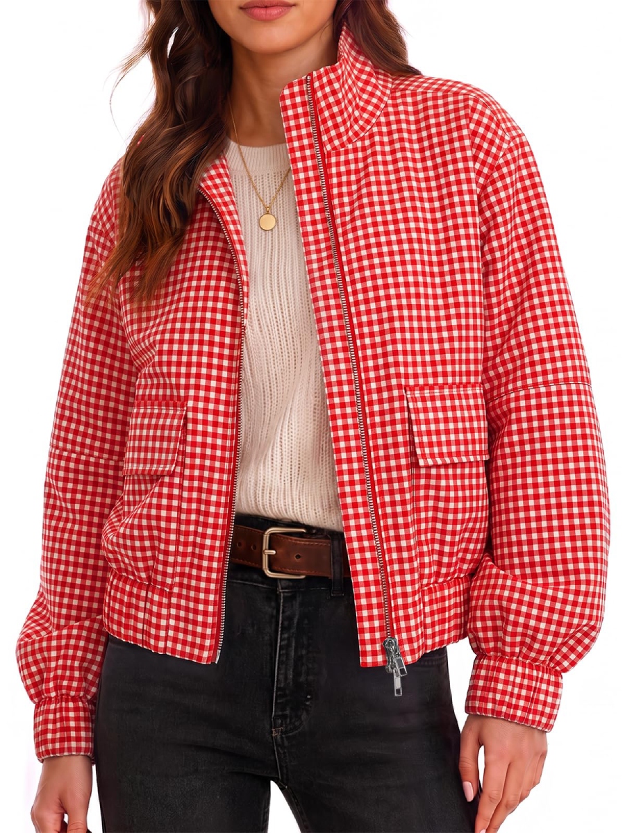 CLEARANCE SALE🔥 Plaid Zip-Up Stand Collar Jacket-halonarra