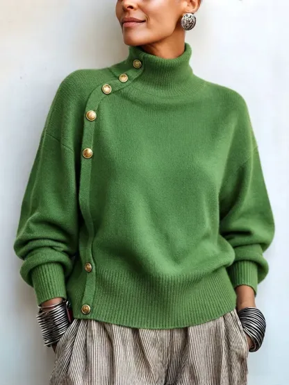 CLEARANCE SALE🔥 Chic Elegant Asymmetrical Button Turtleneck Sweater-halonarra