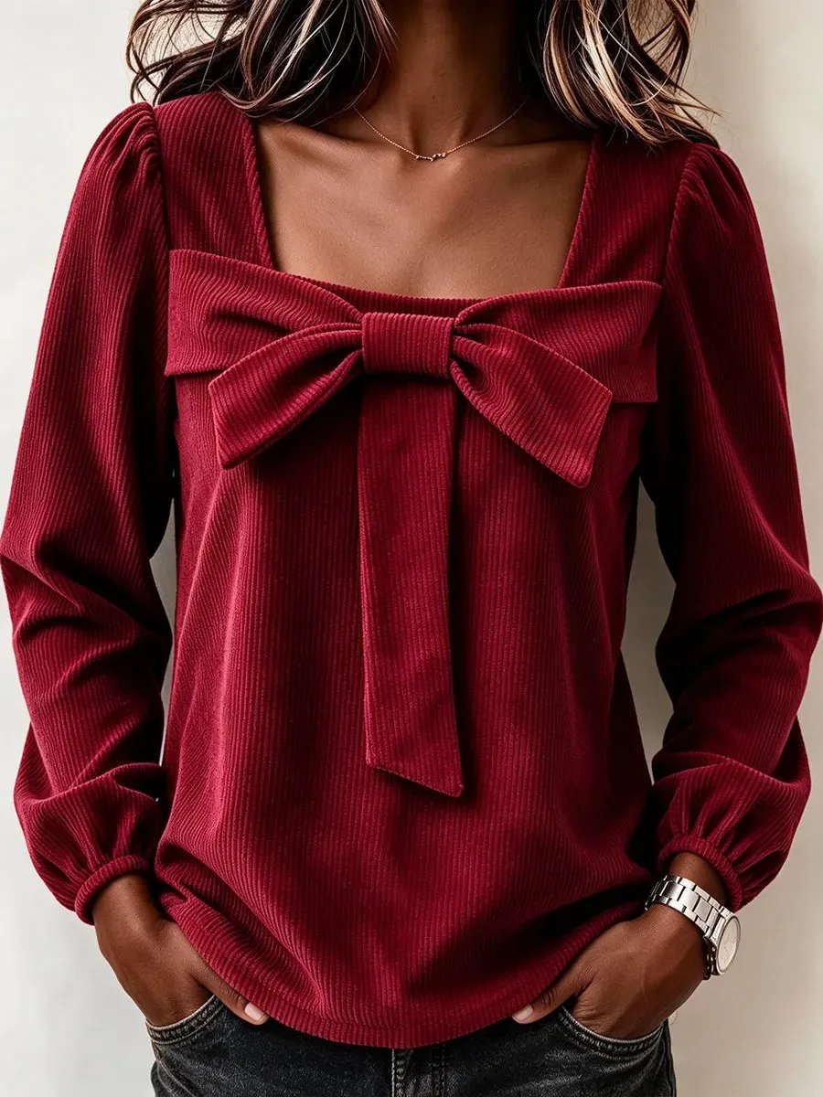 CLEARANCE SALE🔥 Chic Corduroy Top With A Square Neckline And Bow Detail-simplysoftwear