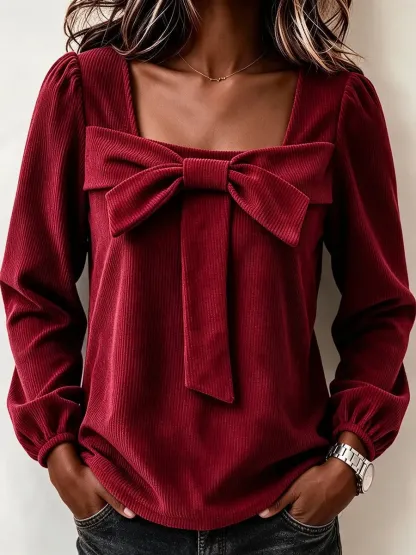 CLEARANCE SALE🔥 Chic Corduroy Top With A Square Neckline And Bow Detail-simplysoftwear
