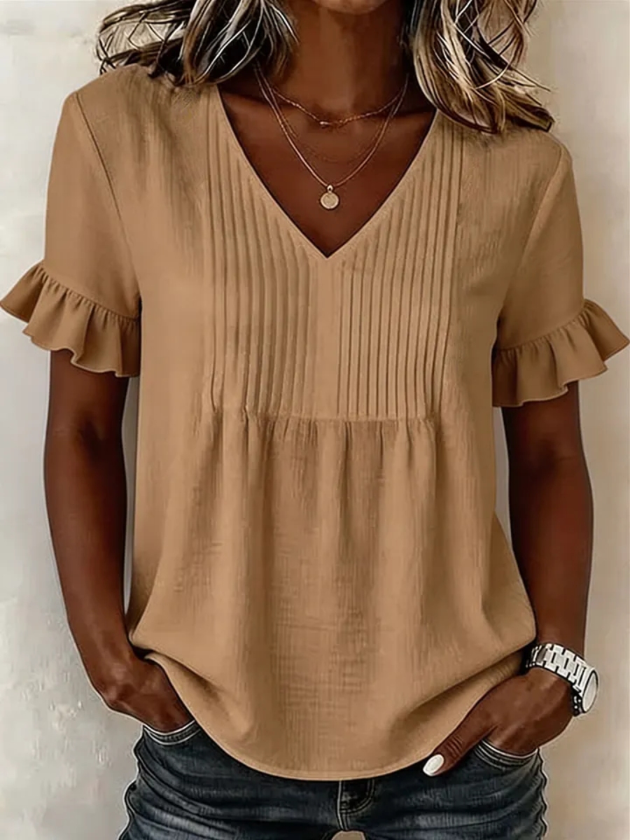 New Arrivals🔥Women's Flared Sleeves And Pleated Detail Loose-fit Solid-color V-neck Shirt Top