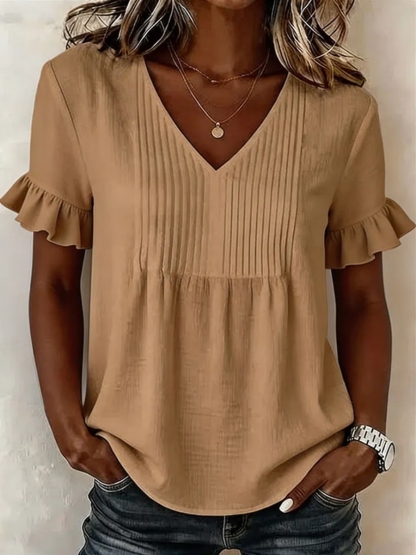 New Arrivals🔥Women's Flared Sleeves And Pleated Detail Loose-fit Solid-color V-neck Shirt Top