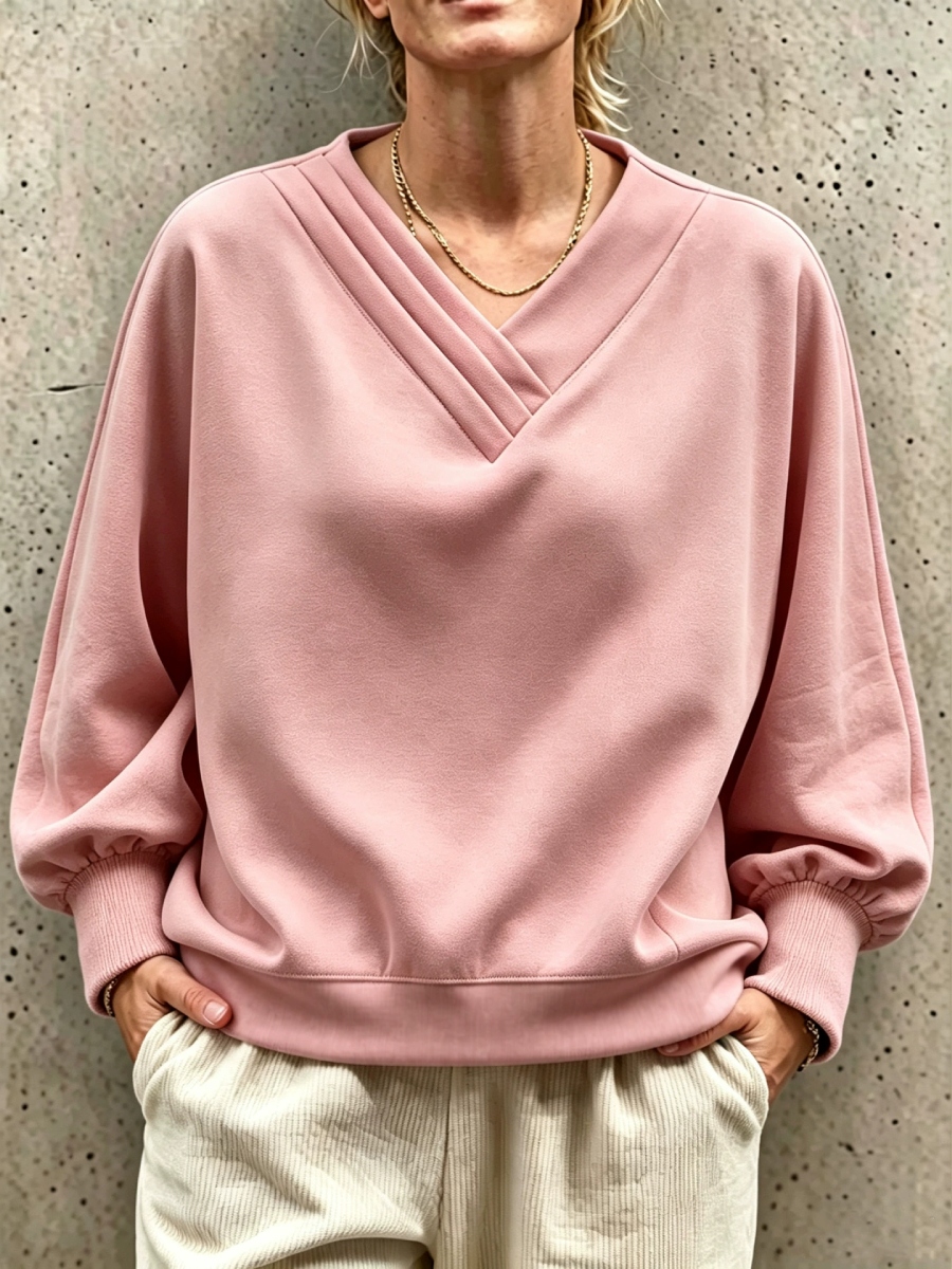 NEW ARRIVALS🔥 Pleated V-Neck Drop Shoulder Sweatshirt-halonarra