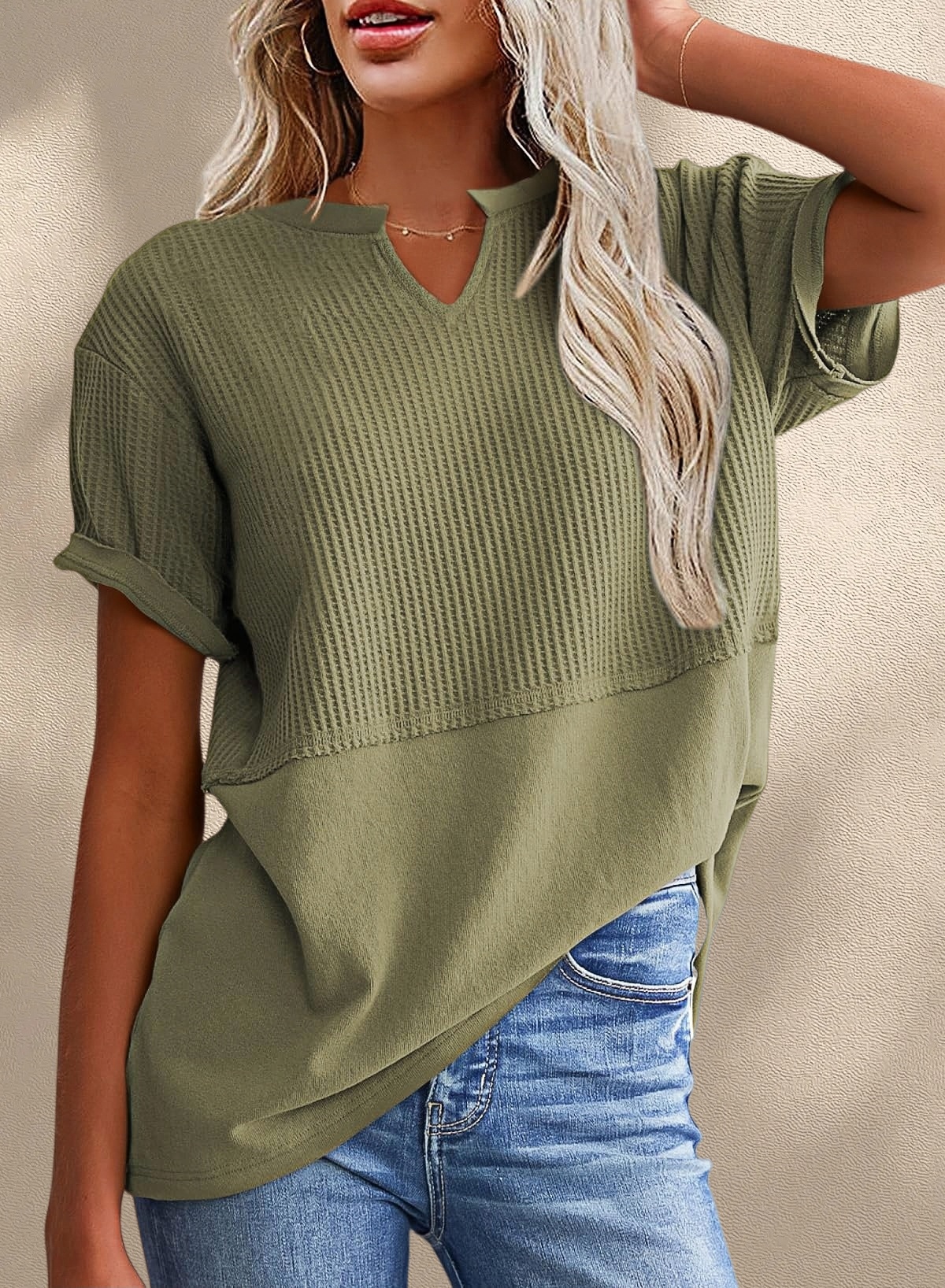 New Arrivals🔥Women's V-neck Casual Waffle Knit Loose Patchwork Top