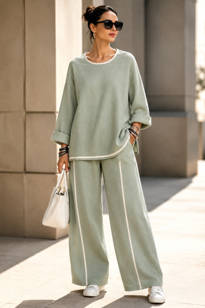 New Arrival🔥Women’s Casual Contrast-Trim Wide-Leg Two-Piece Set-simplysoftwear