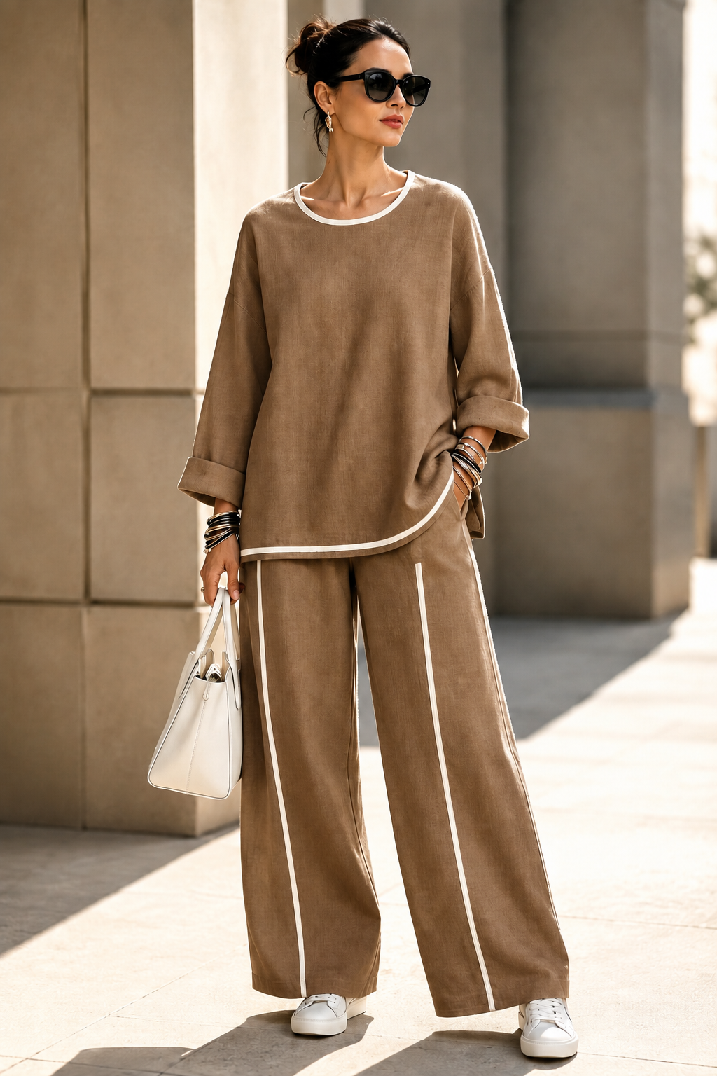 New Arrival🔥Women’s Casual Contrast-Trim Wide-Leg Two-Piece Set-simplysoftwear