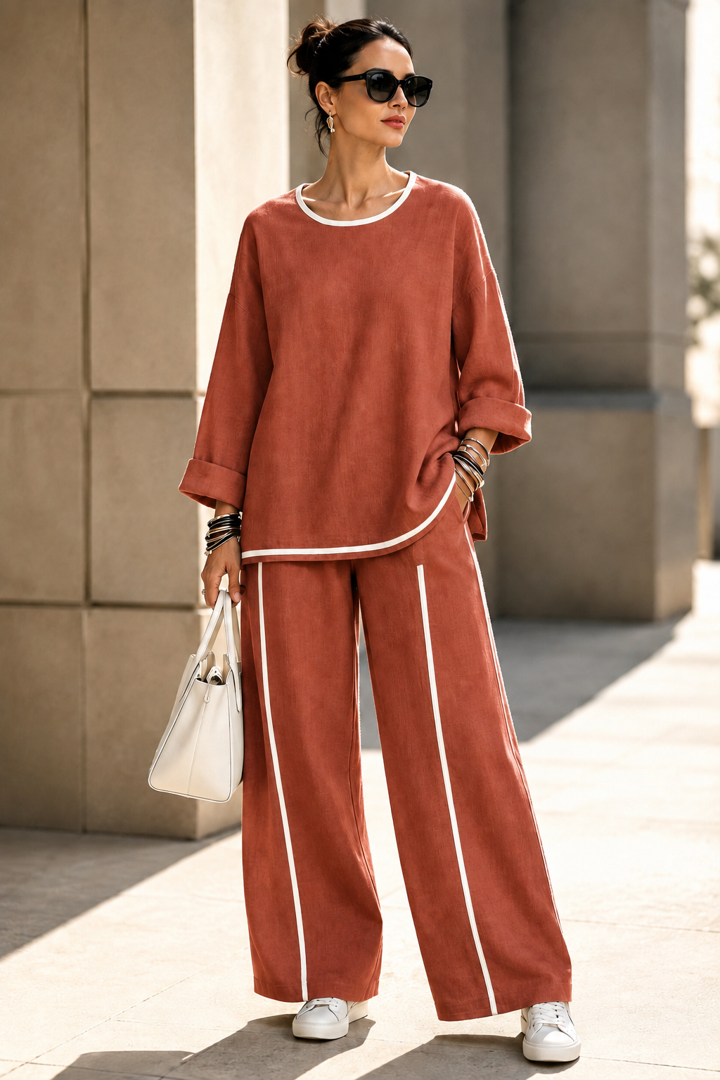 New Arrival🔥Women’s Casual Contrast-Trim Wide-Leg Two-Piece Set-simplysoftwear