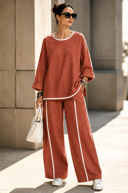 New Arrival🔥Women’s Casual Contrast-Trim Wide-Leg Two-Piece Set-simplysoftwear