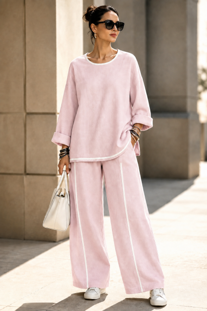 New Arrival🔥Women’s Casual Contrast-Trim Wide-Leg Two-Piece Set-simplysoftwear