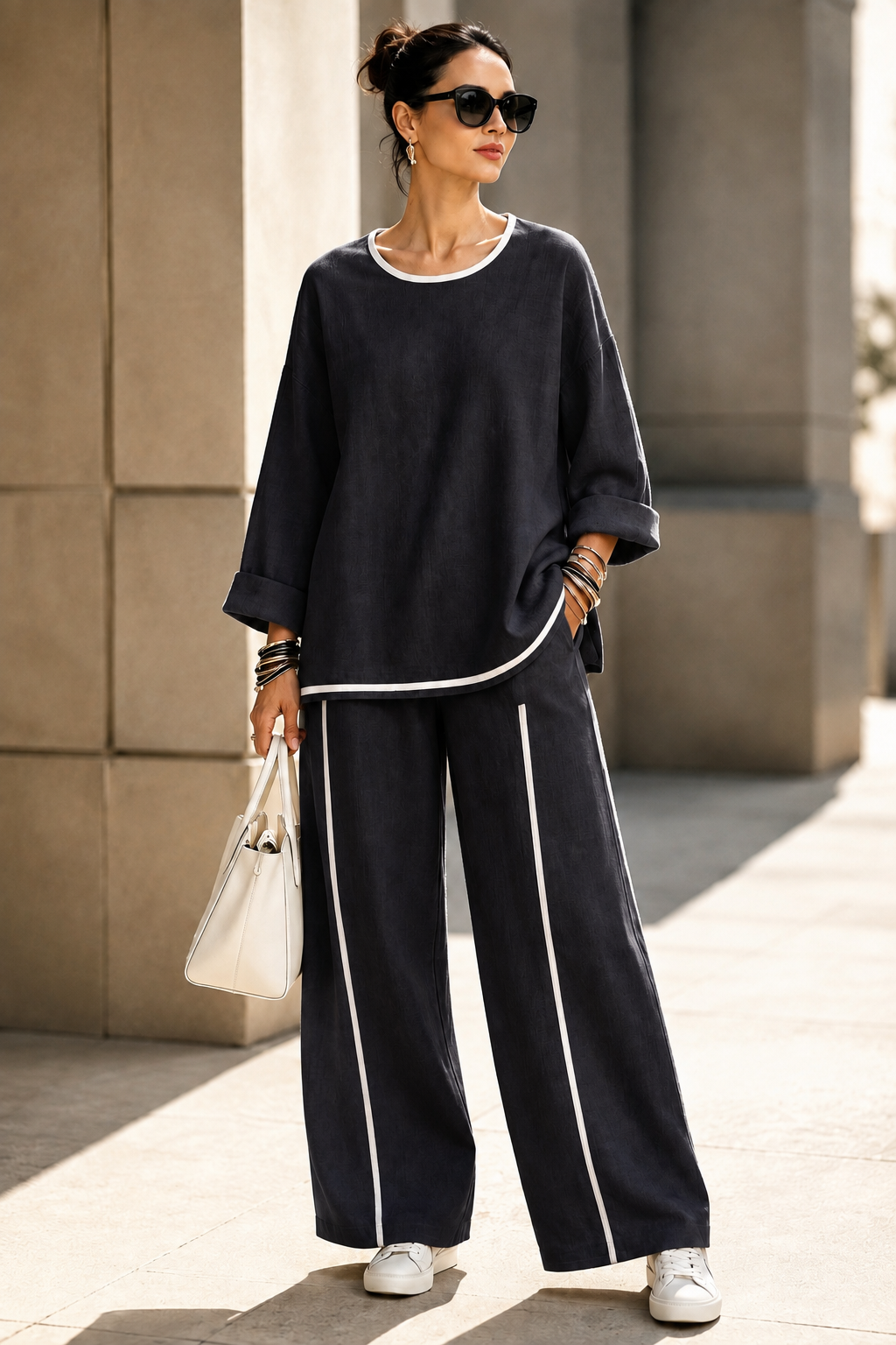 New Arrival🔥Women’s Casual Contrast-Trim Wide-Leg Two-Piece Set-simplysoftwear
