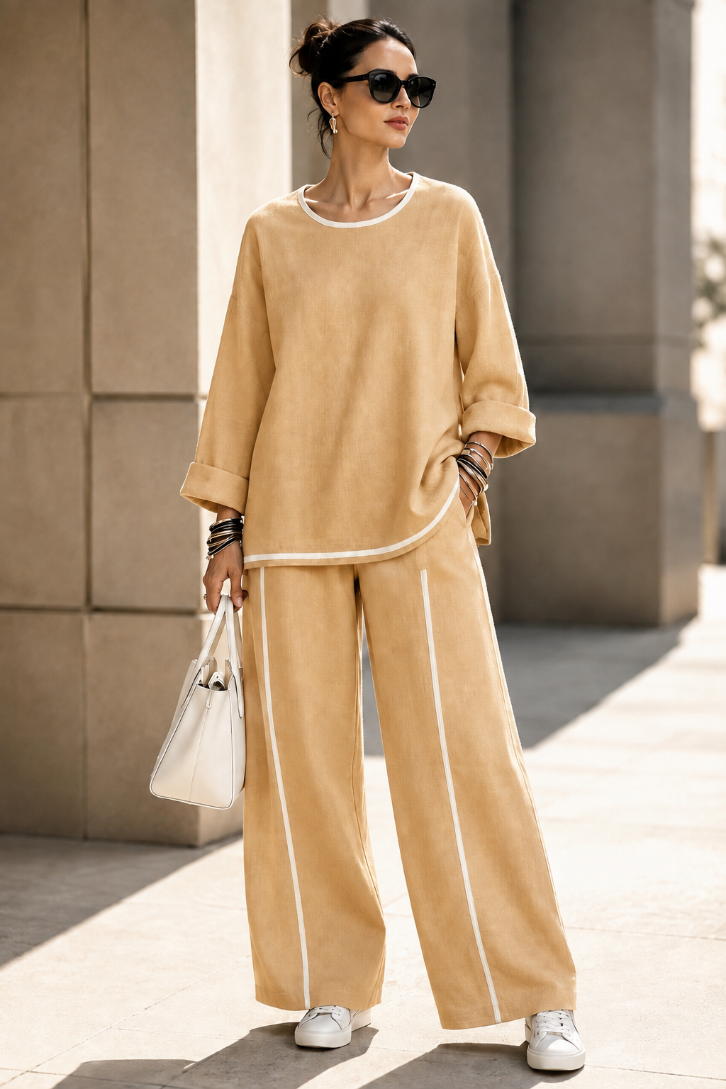 New Arrival🔥Women’s Casual Contrast-Trim Wide-Leg Two-Piece Set-simplysoftwear