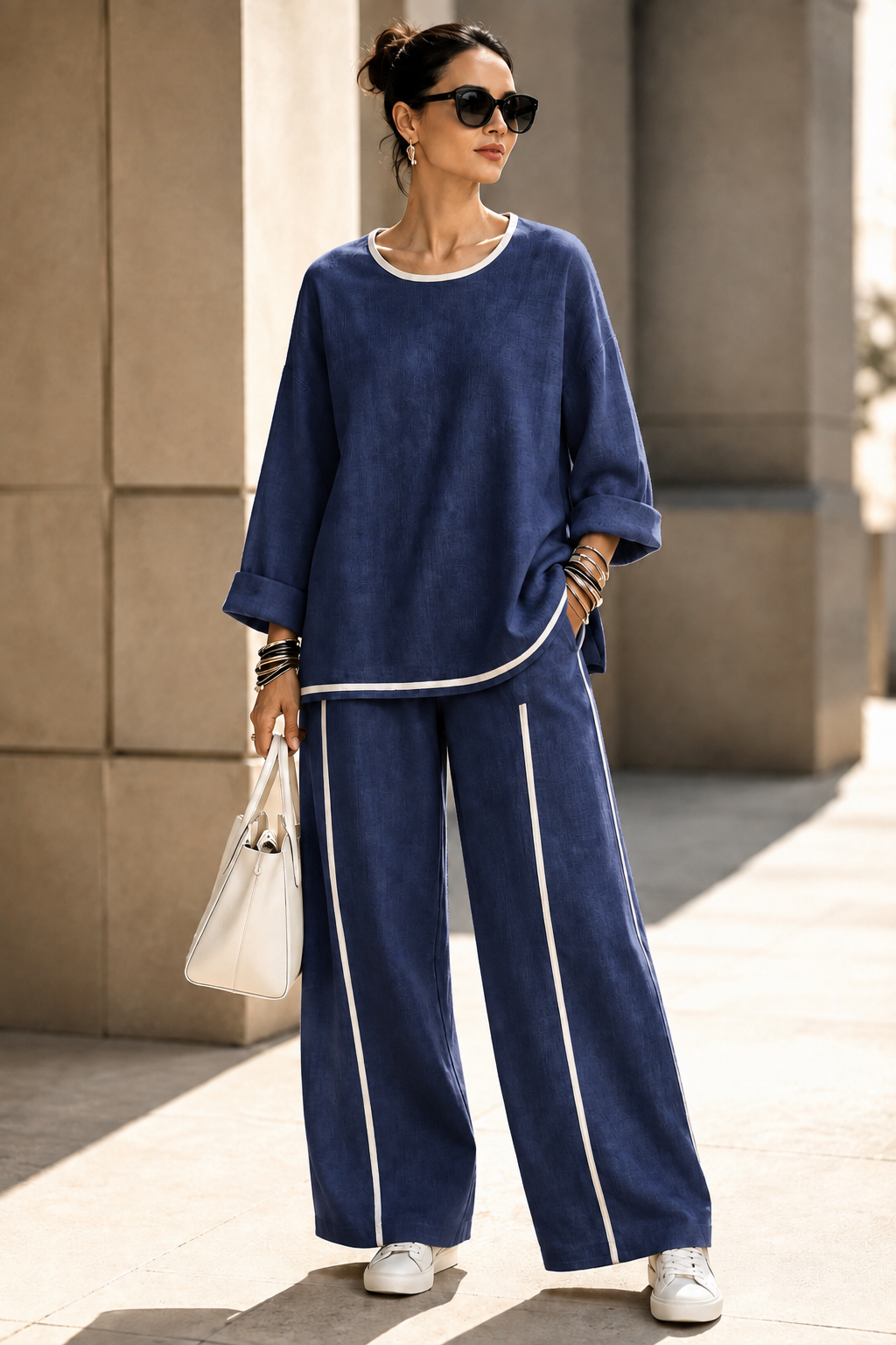 New Arrival🔥Women’s Casual Contrast-Trim Wide-Leg Two-Piece Set-simplysoftwear