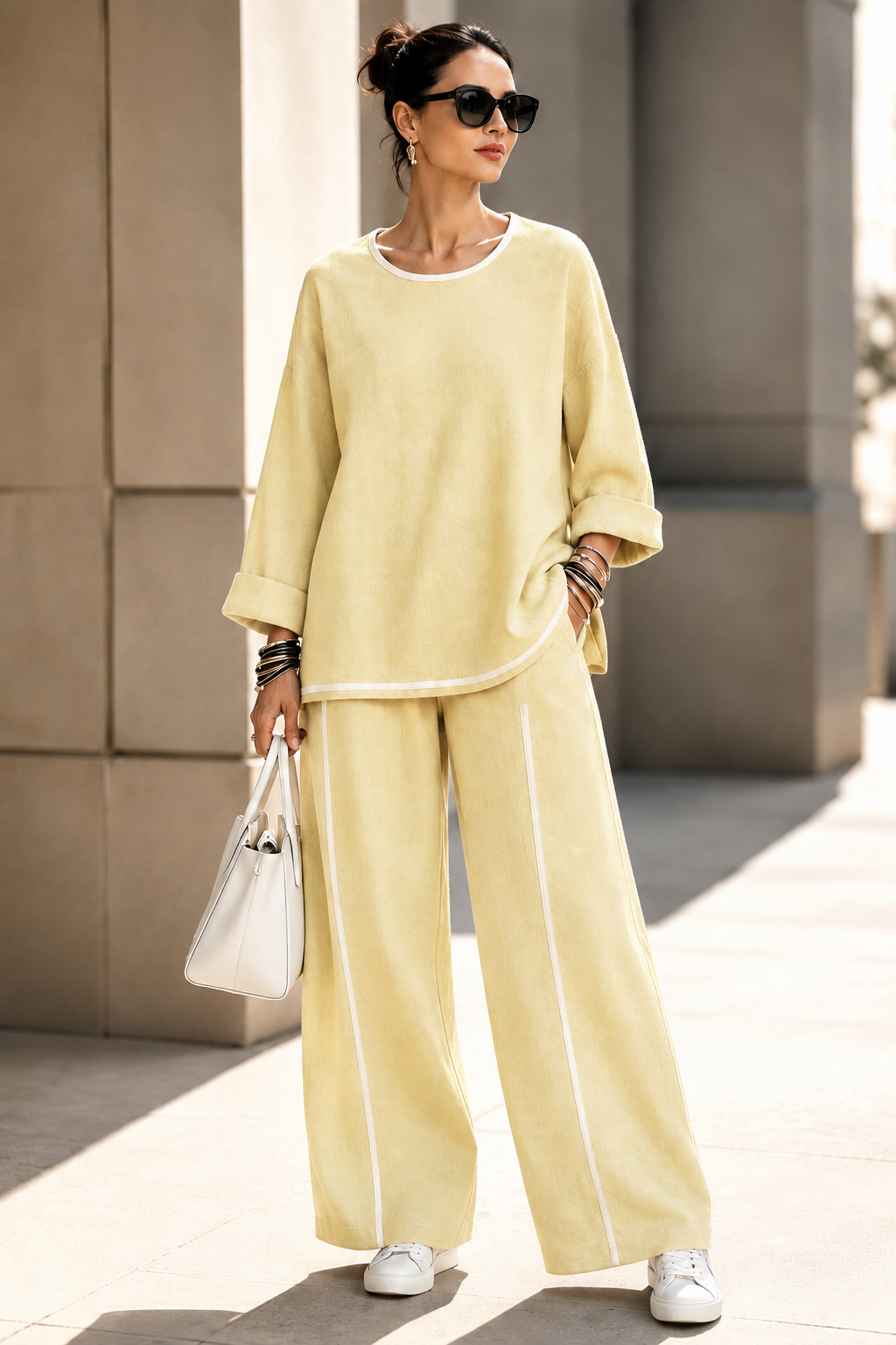 New Arrival🔥Women’s Casual Contrast-Trim Wide-Leg Two-Piece Set-simplysoftwear