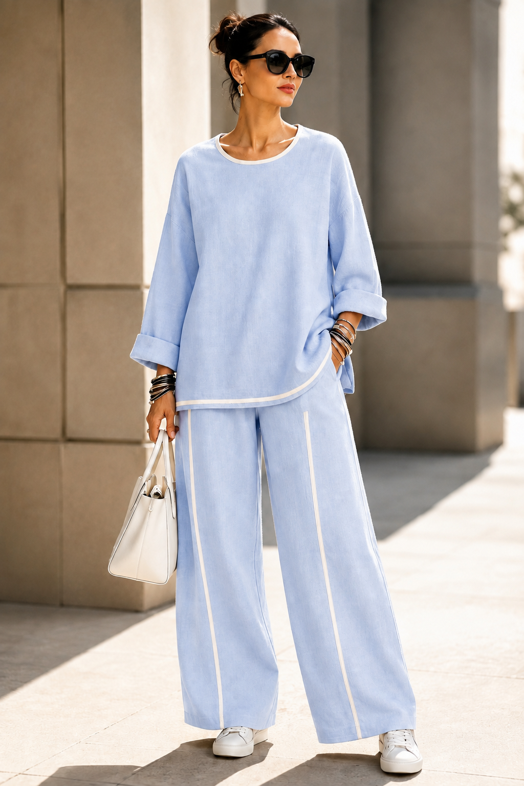 New Arrival🔥Women’s Casual Contrast-Trim Wide-Leg Two-Piece Set-simplysoftwear
