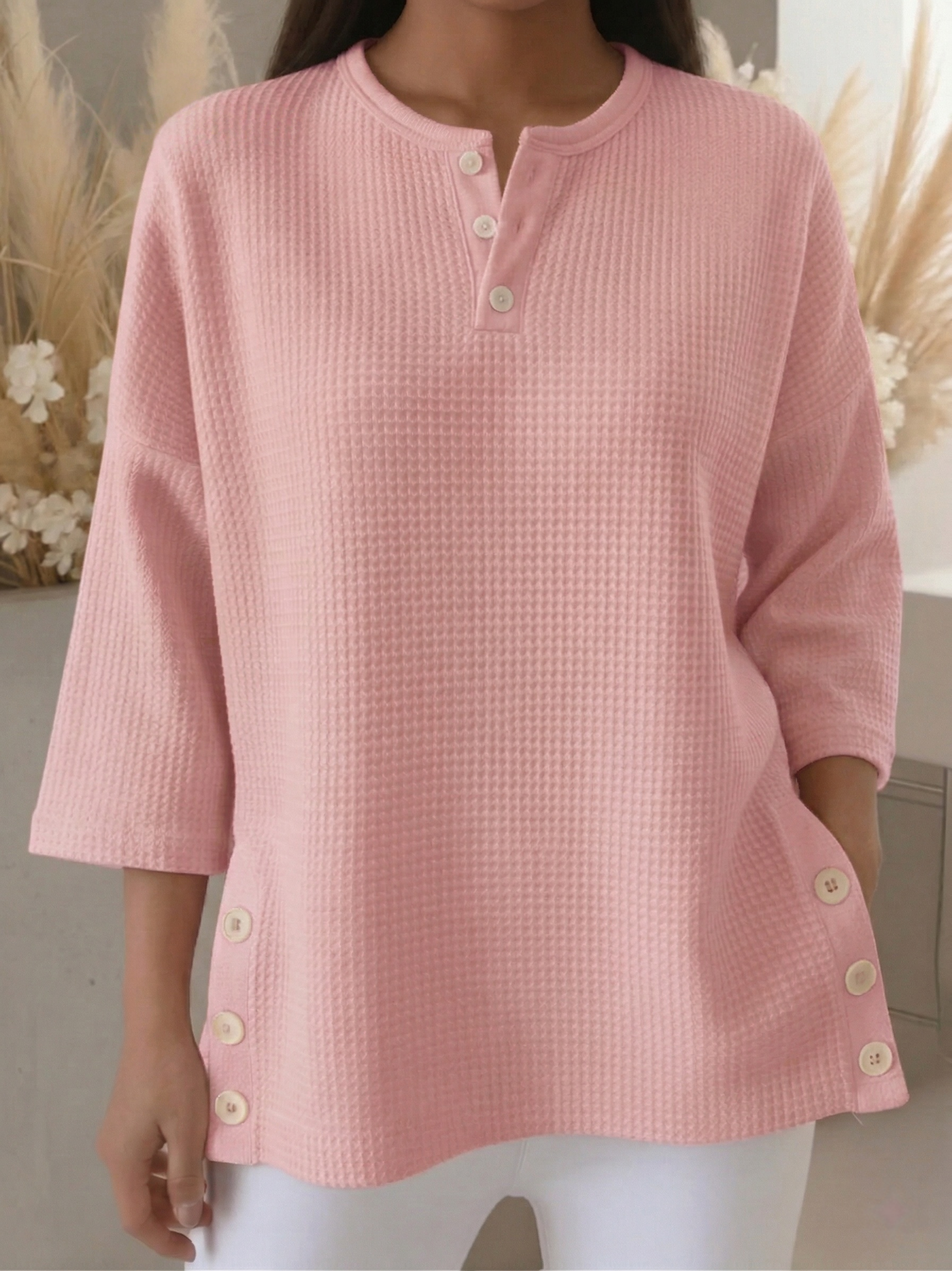 New Arrivals🔥 Women's Casual V-neck 4/3 Sleeves Casual Button-up Waffle Pullover Top