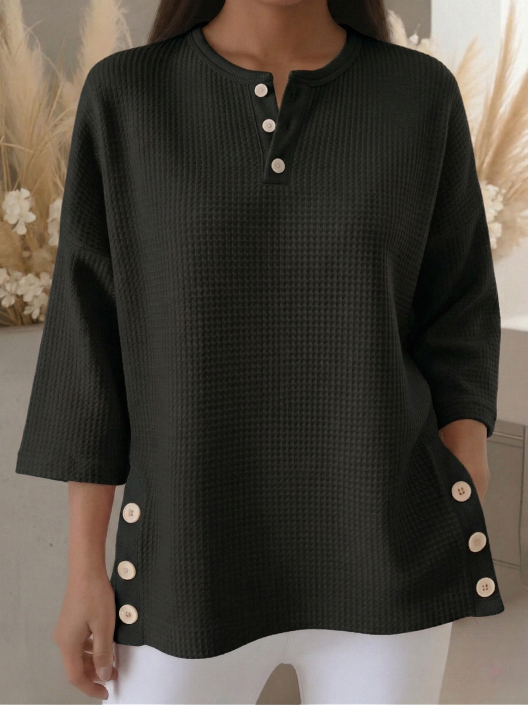 New Arrivals🔥 Women's Casual V-neck 4/3 Sleeves Casual Button-up Waffle Pullover Top