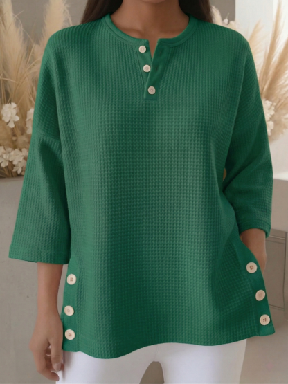 New Arrivals🔥 Women's Casual V-neck 4/3 Sleeves Casual Button-up Waffle Pullover Top
