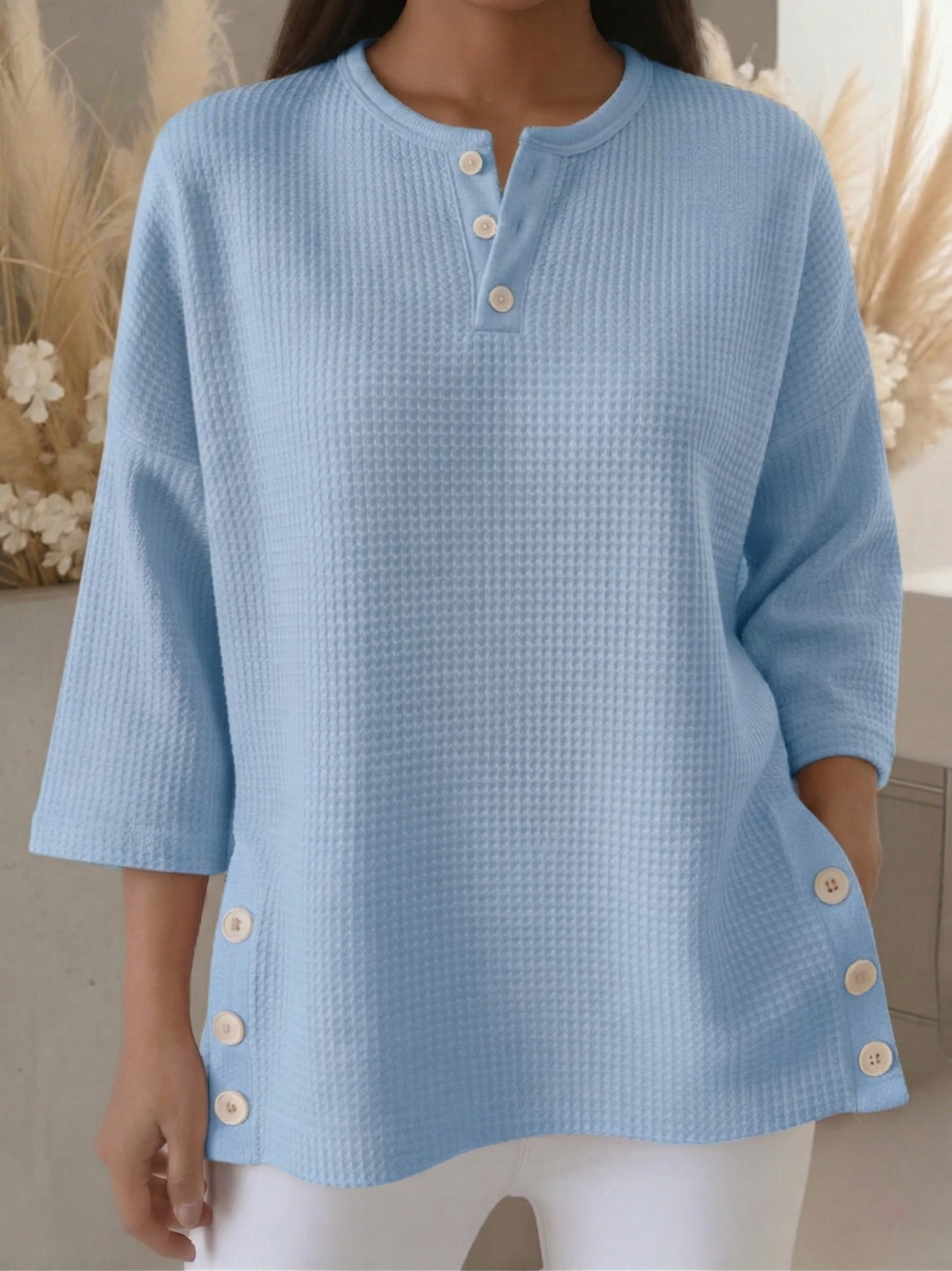 New Arrivals🔥 Women's Casual V-neck 4/3 Sleeves Casual Button-up Waffle Pullover Top
