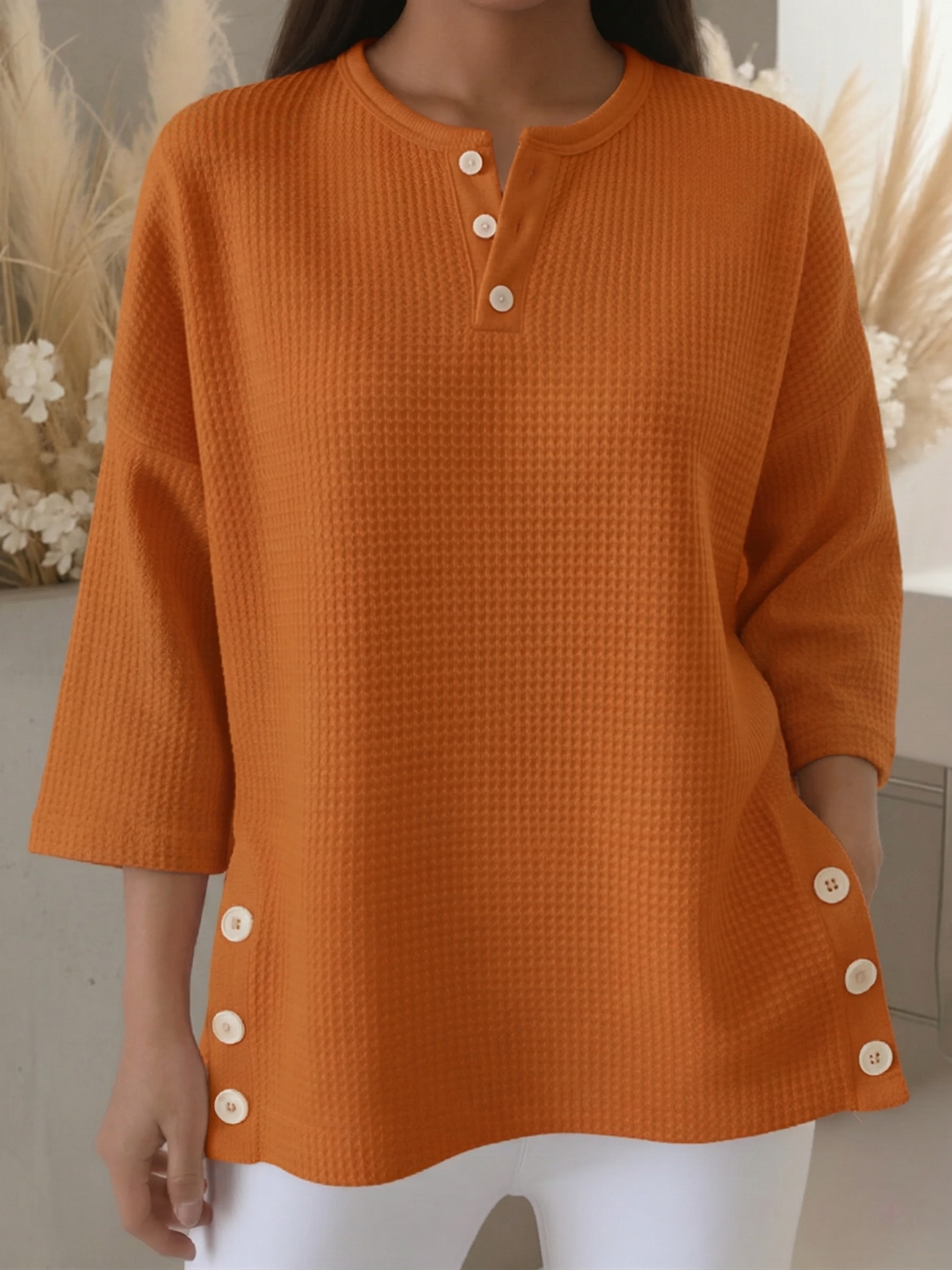 New Arrivals🔥 Women's Casual V-neck 4/3 Sleeves Casual Button-up Waffle Pullover Top