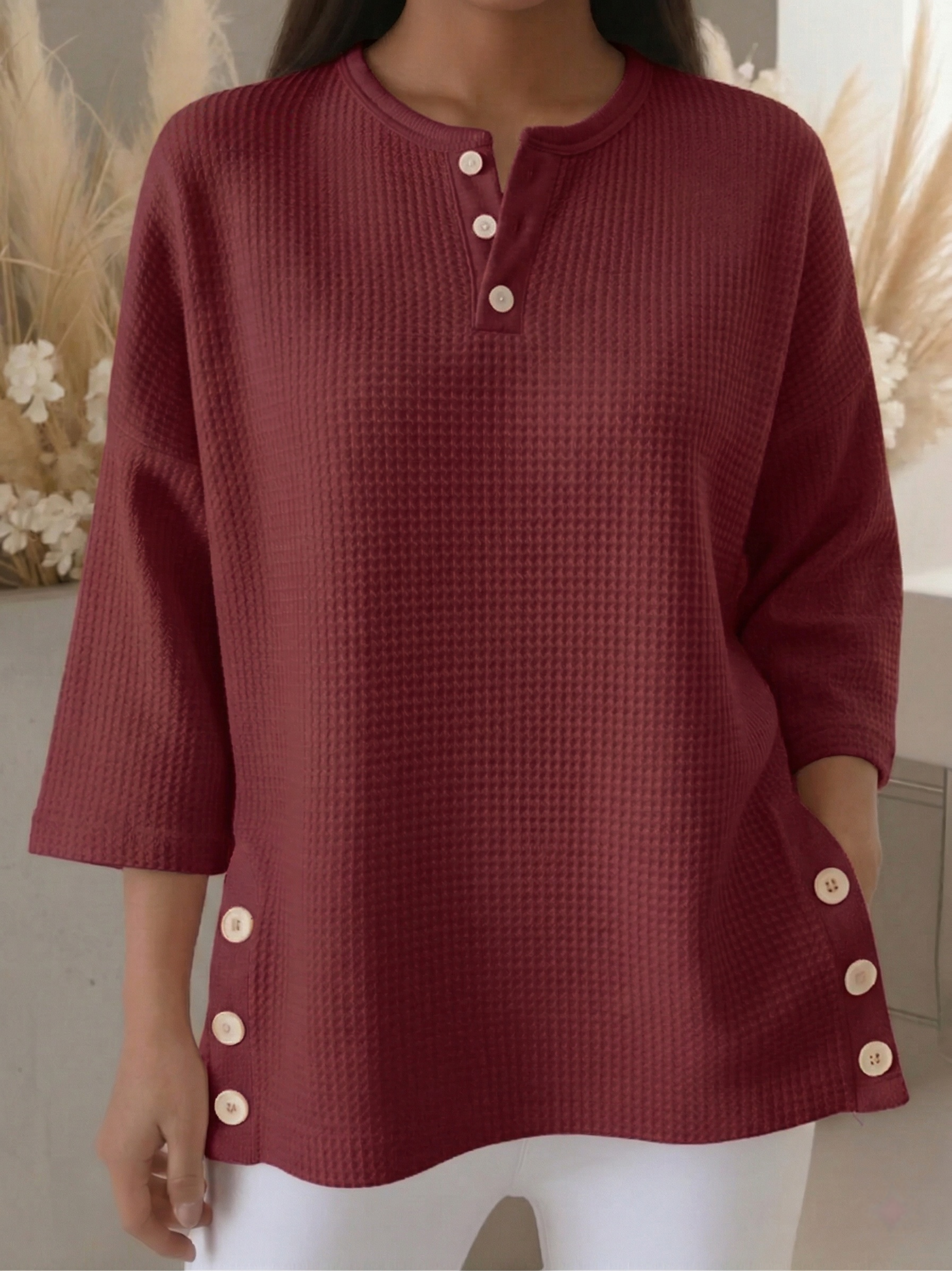New Arrivals🔥 Women's Casual V-neck 4/3 Sleeves Casual Button-up Waffle Pullover Top
