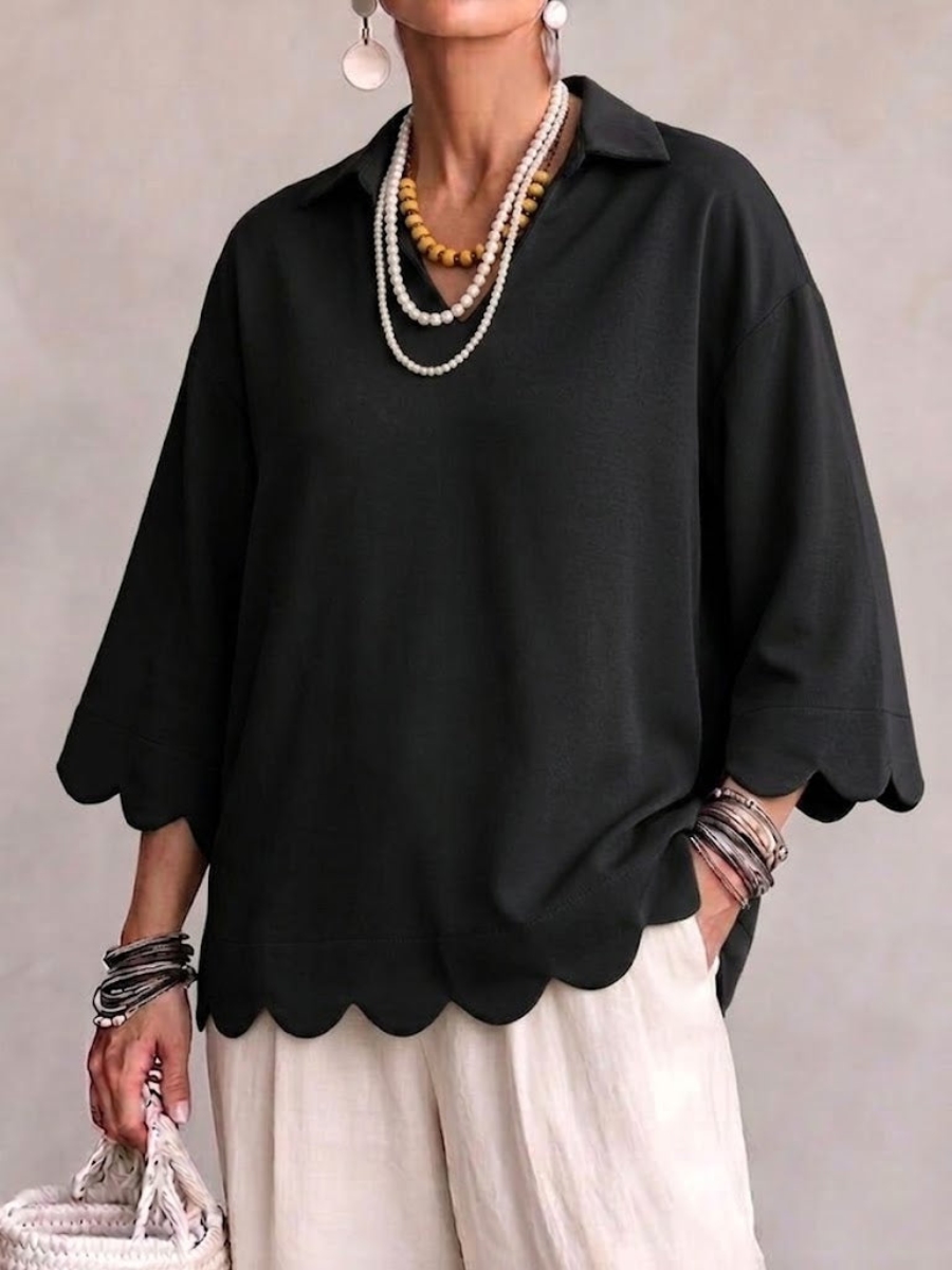 New Arrival🔥 Scallop‑trim Lapel Collar 3/4 Sleeve Relaxed Top-halonarra