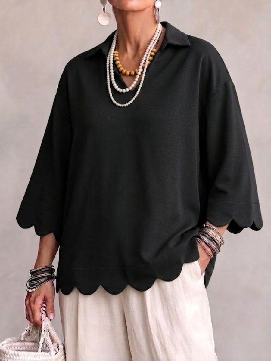 New Arrival🔥 Scallop‑trim Lapel Collar 3/4 Sleeve Relaxed Top-halonarra
