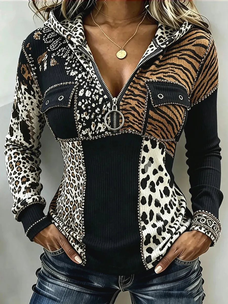 New Arrivals🔥 Chic Animal Patchwork Print Ribbed Hooded Top-simplysoftwear