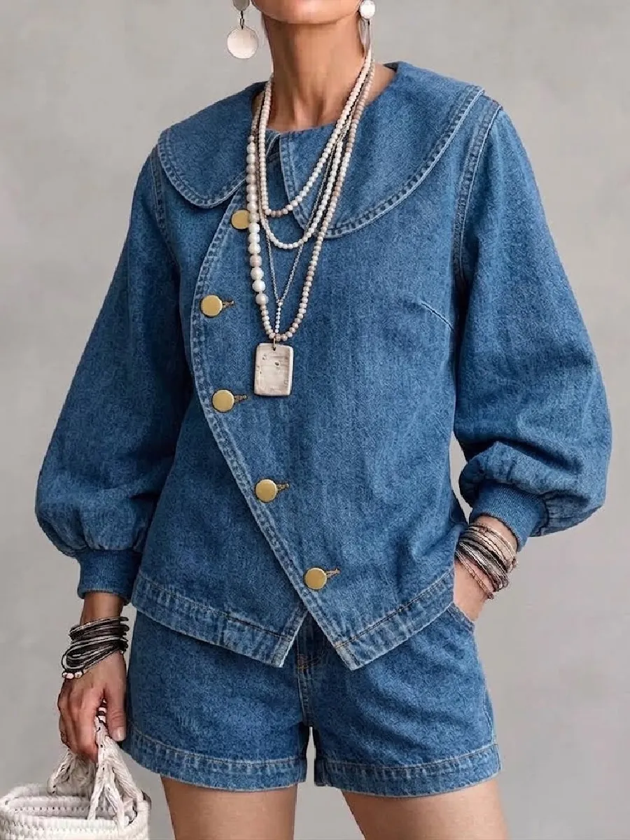 NEW ARRIVALS🔥 Denim Jacket With An Oversized Peter Pan Collar, Diagonal Button Placket, Gold Buttons, And Lantern Sleeves-halonarra