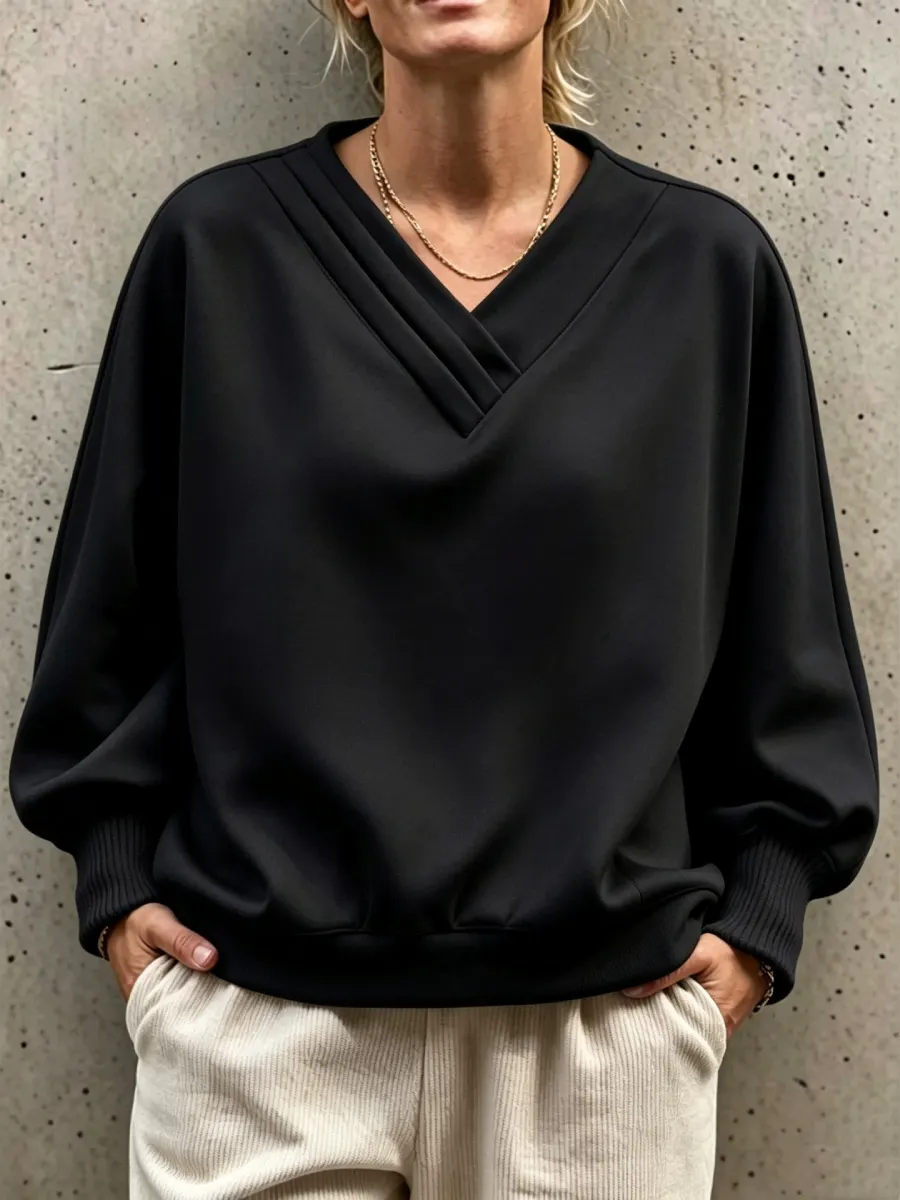 NEW ARRIVALS🔥 Pleated V-Neck Drop Shoulder Sweatshirt-halonarra