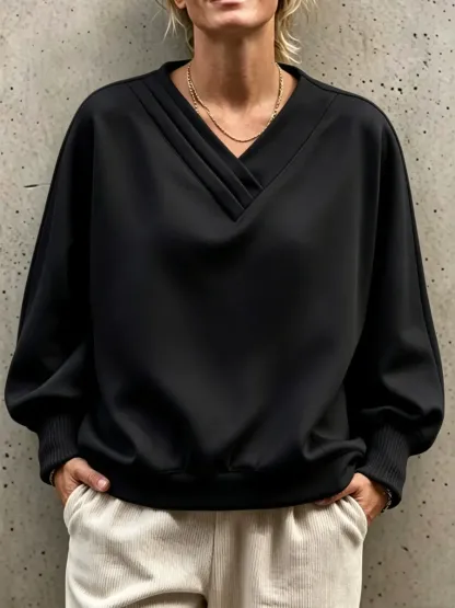 NEW ARRIVALS🔥 Pleated V-Neck Drop Shoulder Sweatshirt-halonarra