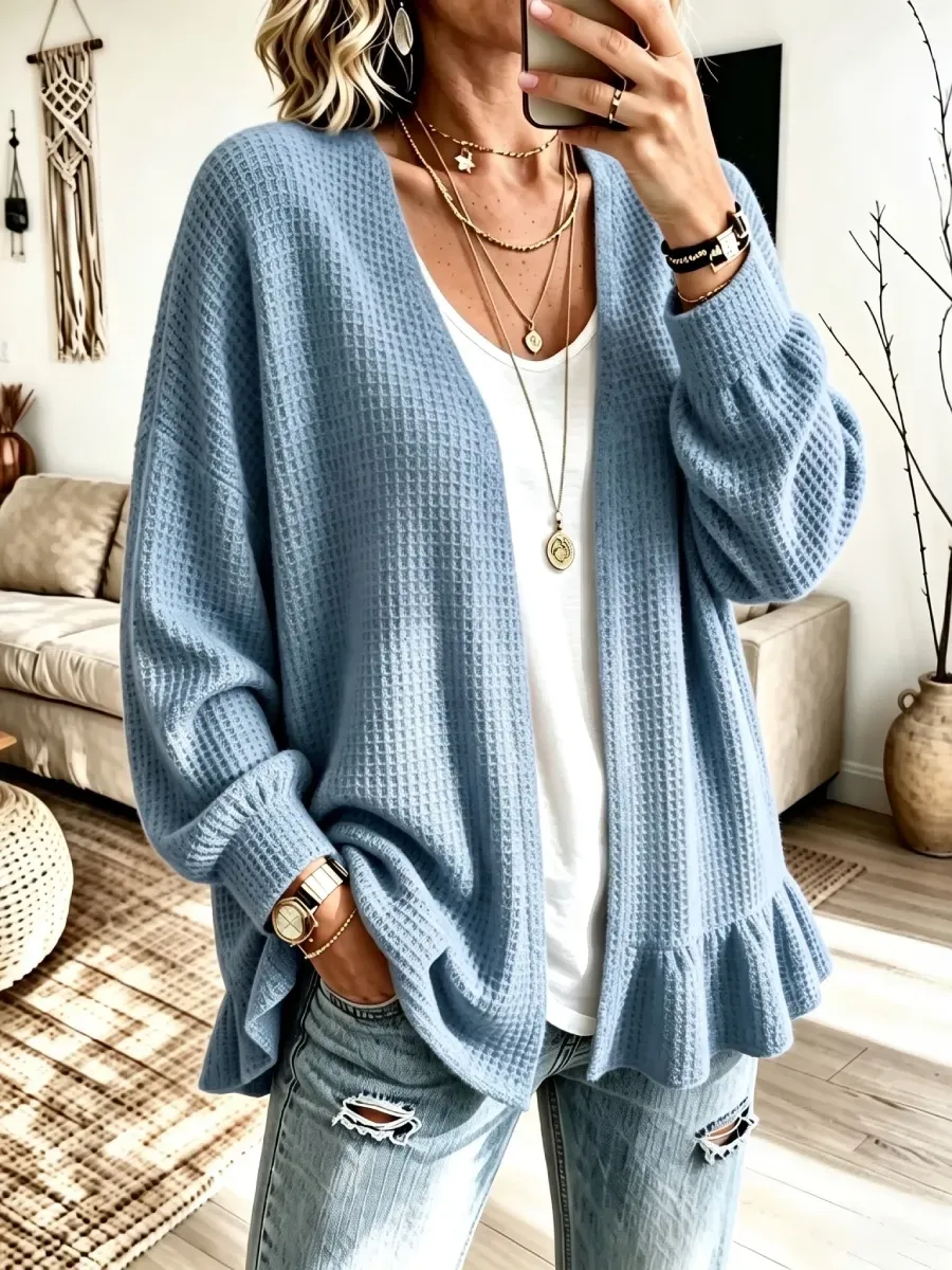 CLEARANCE SALE🔥 Women's Ruffle Hem Waffle Knit Open Front Cardigan-simplysoftwear